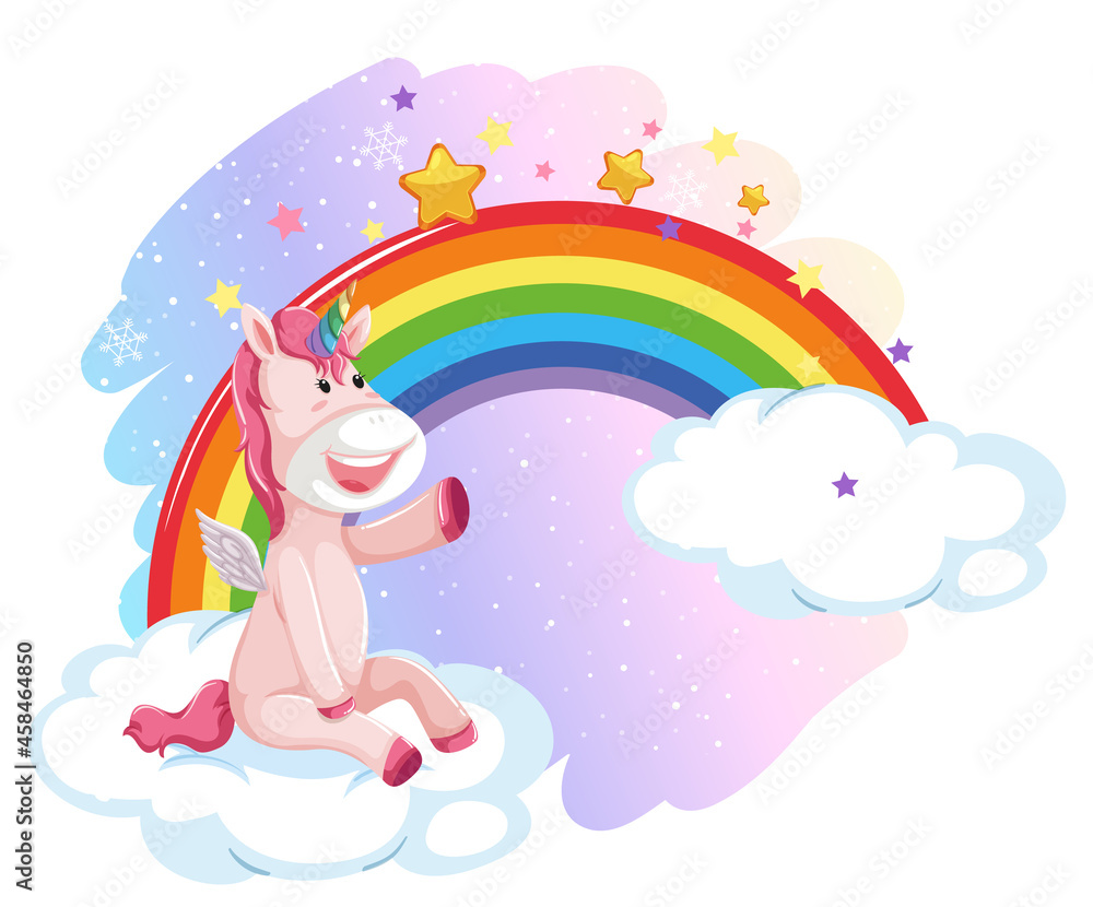 Cute pegasus in the pastel sky with rainbow Cute pegasus in the pastel sky with rainbow