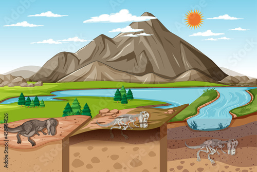 Nature landscape scene at daytime with dinosaur fossils in soil layers