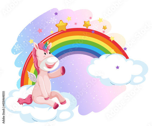 Cute pegasus in the pastel sky with rainbow