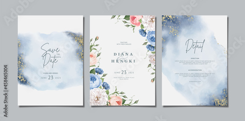 wedding invitation card template with watercolor and beautiful floral