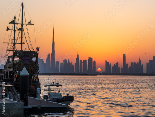 Dubai  UAE - 09.18.2021 View of Dubai skyline  shot made from Dubai creek harbor. Outdoors