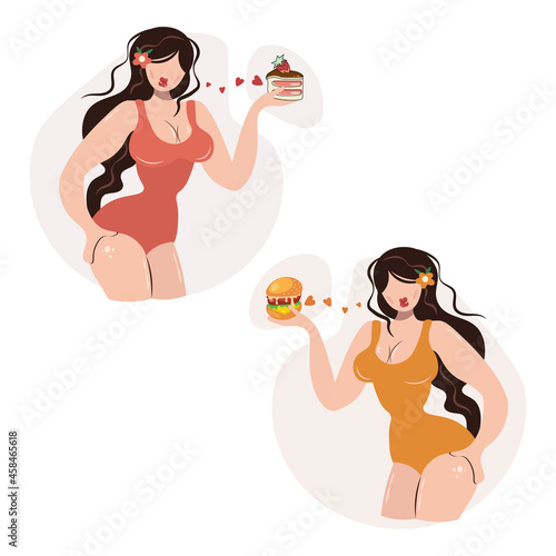 Unhealthy food. Curvy women love burgers, buns, muffins. Isolated vector illustration. Design for magazines, brochures, flyers.