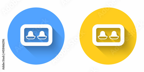 White Earplugs with storage box icon isolated with long shadow background. Ear plug sign. Noise symbol. Sleeping quality concept. Circle button. Vector