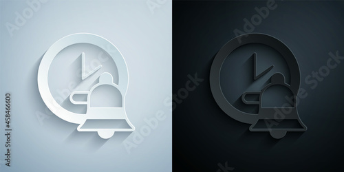 Paper cut Alarm clock icon isolated on grey and black background. Wake up, get up concept. Time sign. Paper art style. Vector
