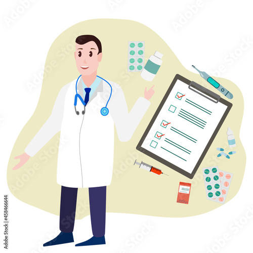 A doctor standing next to medical elements, patient board, syringe, medicine, thermometer