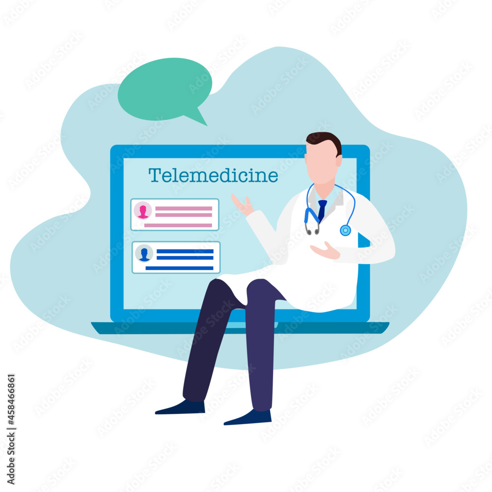 A doctor sitting on laptop screen next to contact list on screen, symbol of name list, online consult, telemedicine concept 