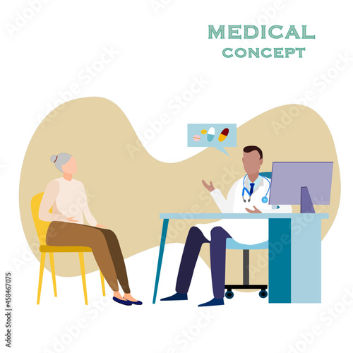 An African American doctor sitting at the table with laptop talking about medicine, giving counseling to elderly patient about medication and health issues 