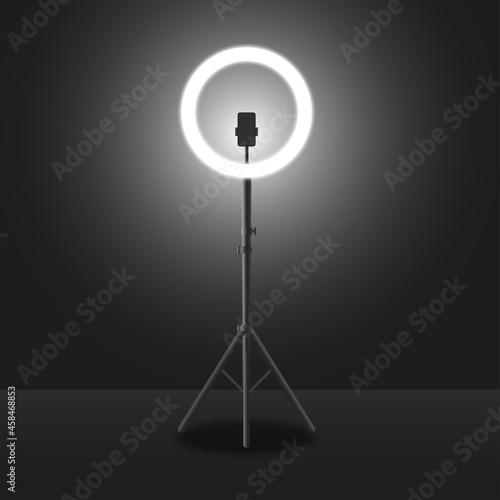 Selfie LED ring light. Blogging equipment. Studio background
