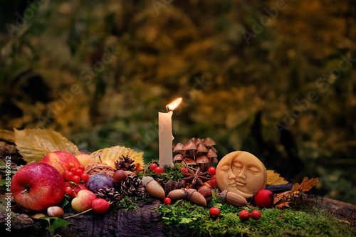 Moon amulet, candle, autumn leaves, fruits, berries, nuts in mysterious forest. Wiccan altar for Mabon sabbat. autumn equinox holiday. Witchcraft, esoteric spiritual ritual
