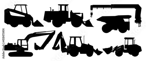 Backhoe excavator and constriction equipment Logo element vector set. Excavator heavy equipment silhouette vector for construction company.  photo