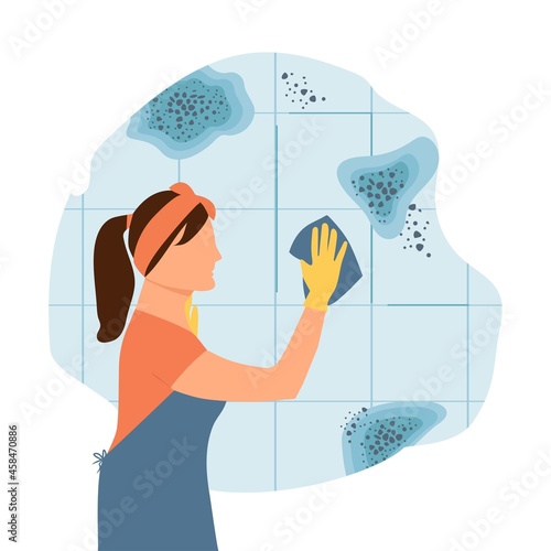 Woman  cleans dirty wall in bathroom with rag. Toxic mold spores, health hazard. Humidity in the bathroom. Means for removing fungi and bacteria. Flat vector illustration.