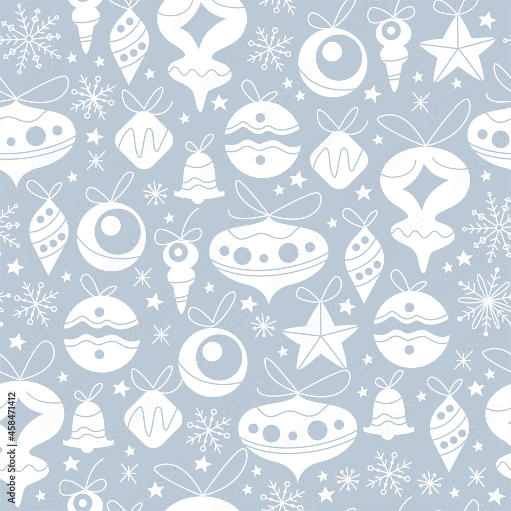 Merry Christmas seamless pattern design with different fir tree toys and balls, snowflakes and stars isolated. Vector flat illustration. For cards, banners, prints, packaging, invitations.