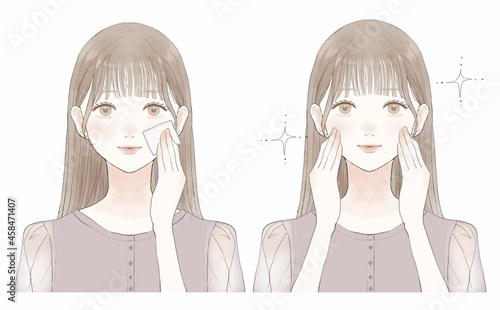 あぶらとり紙で顔の皮脂を取る女性のビフォーアフター