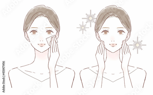 あぶらとり紙で顔の皮脂を取る女性のビフォーアフター