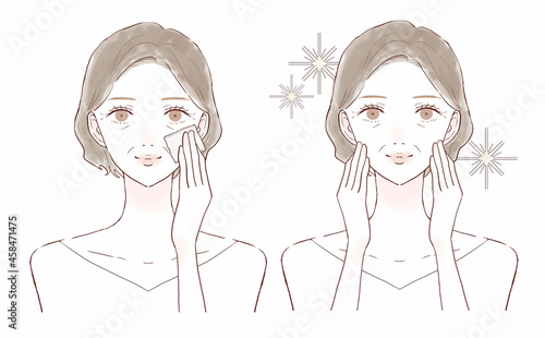 あぶらとり紙で顔の皮脂を取る中年女性のビフォーアフター