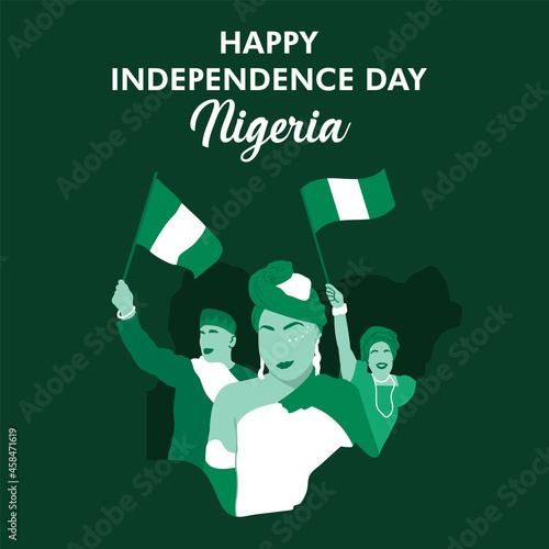 VECTORS. Nigeria Independence Day, October 1, Nigerians waving flag, celebrating, civic holiday, traditional dress, map, patriotic