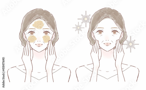 スクラブで毛穴をケアする中年女性のビフォーアフター