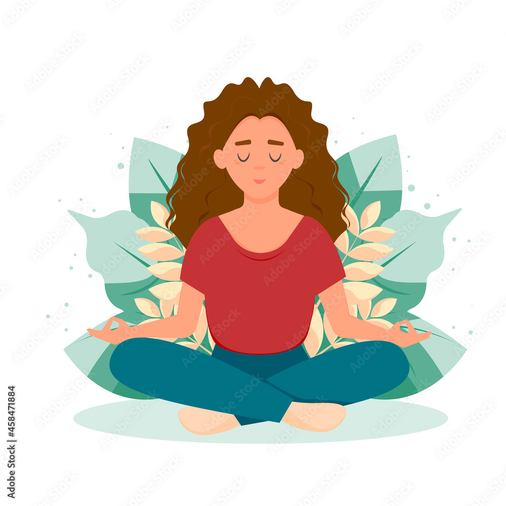 Girl doing yoga. Woman sitting in the lotus position on plant background. Vector illustration in flat style.