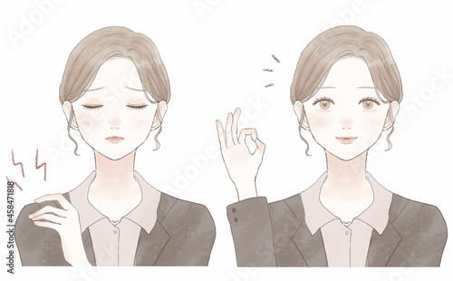肩こりに悩まされるスーツを着た女性のビフォーアフター