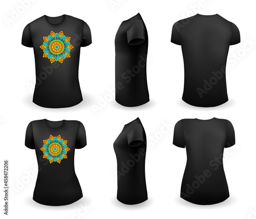 Black male and female t shirt realistic template with mandala. Front, side and back view. Vector