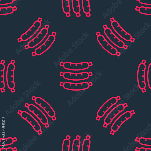 Red line Sausage icon isolated seamless pattern on black background. Grilled sausage and aroma sign. Vector