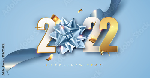 2022 Happy new year. Blue festive background with gift bow and glitter. Happy New Year Banner for greeting card, calendar.