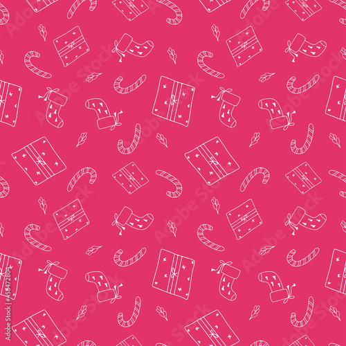 Christmas gift seamless pattern of sock, lollipop and gift box. Endless vector texture from doodle elements for New Year's design.