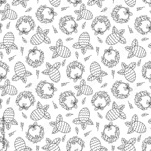 Christmas wreath and pine cone in seamless doodles pattern. Vector endless texture of New Year design elements on white background.
