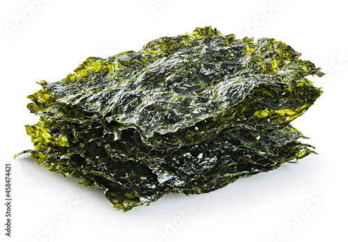 Crispy nori seaweed korean snack isolated on white background. With clipping path. photo