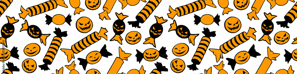 Vector seamless pattern of candy in different wrappers in Halloween style. Trick or treat. Bright texture for holiday design, decoration, wrapping paper