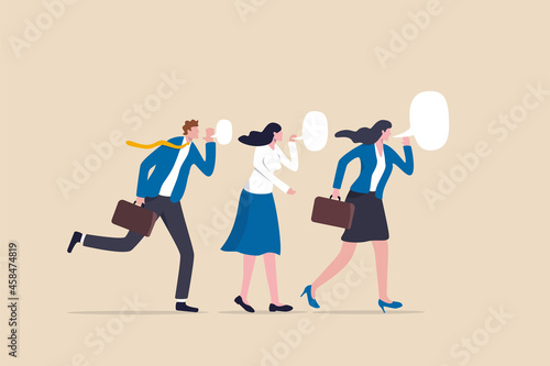 Business secret, corporate communication or viral advertising, rumor spread or colleague gossip confidential information concept, business people coworkers whispering gossip secret to team members. photo