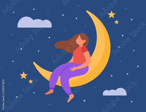 Calm cartoon girl dreaming while sitting on moon. Female person relaxing and sleeping, night sky background flat vector illustration. Deep sleep, sweet dreams concept for banner or landing web page