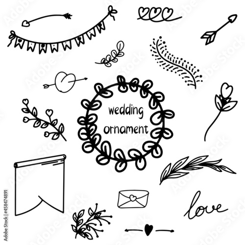 hand drawn doodle wedding ornament set. Vector illustration