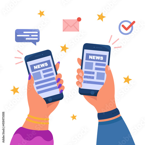 Hands holding mobile phones with news or newsletters. Online newspaper application, social media blog flat vector illustration. Journalism, communication concept for website design, landing web page