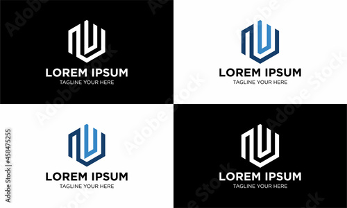 letter nu linked geometric hexagonal logo design vector template.