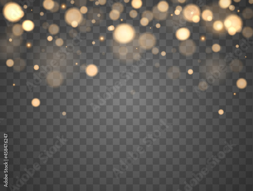 Shining bokeh isolated on transparent background. Golden bokeh lights with glowing particles isolated. Christmas concept