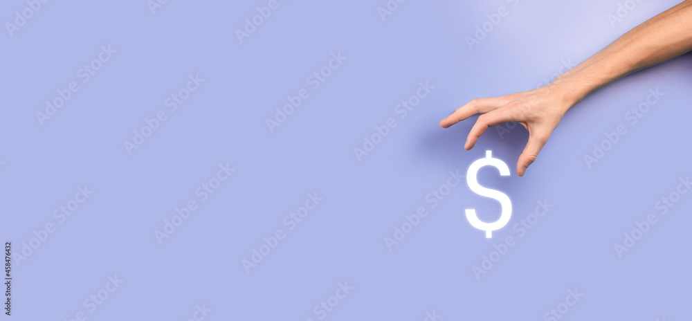 Obraz premium Successful international financial symbol sinvestment concept with businessman man person hold showing growth, charts and dollar sign, digital technology