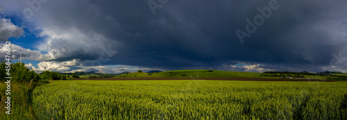 panorama of a wheat field near a farm against the background of storm clouds
