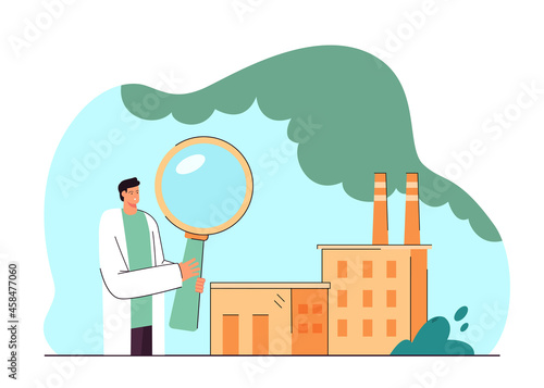 Ecologist with magnifier analyzing factory emissions. Industrial building causing air pollution flat vector illustration. Ecology, environment concept for banner, website design or landing web page