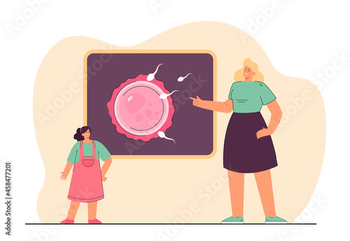 Mother or teacher explaining fertilization to girl. Woman showing picture of sperms and egg to kid flat vector illustration. Education, reproduction concept for banner, website design or landing page
