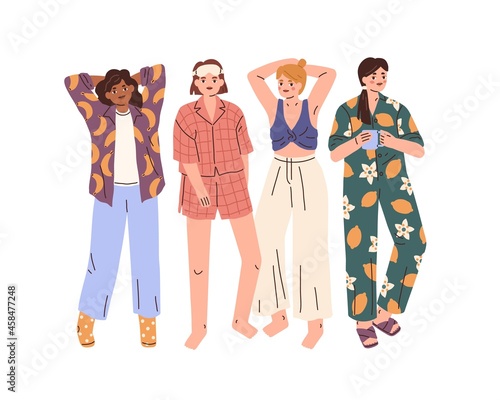Woman in comfy home clothes and pajamas. Modern women in fashion cozy outfits, comfortable apparel. Females in trendy homewear and nightwear. Flat vector illustration isolated on white background