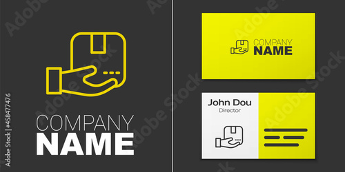 Logotype line Delivery hand with cardboard boxes icon isolated on grey background. Door to door delivery by courier. Logo design template element. Vector