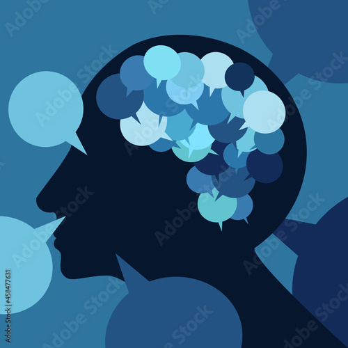 Conceptual illustration of a human brain comprised of communication bubbles surrounded by external communications