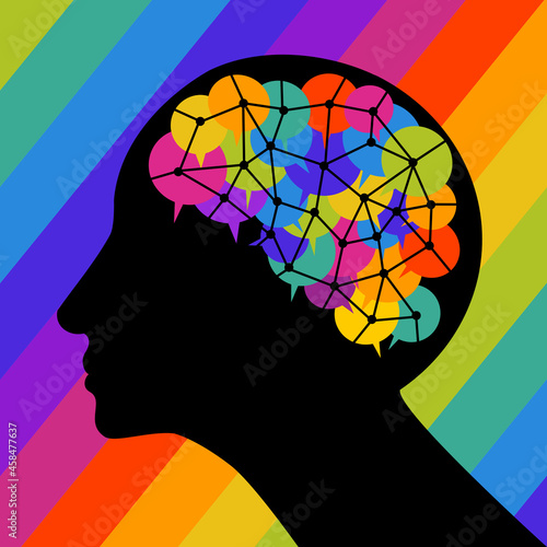 Conceptual illustration of a human brain comprised of colored communication bubbles