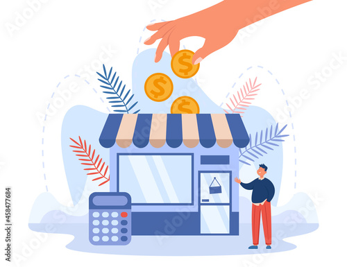 Government or business partner giving grant to bankrupt man. Shop owner getting subsidy flat vector illustration. Assistance, support, bankruptcy, crisis concept for banner or landing page photo