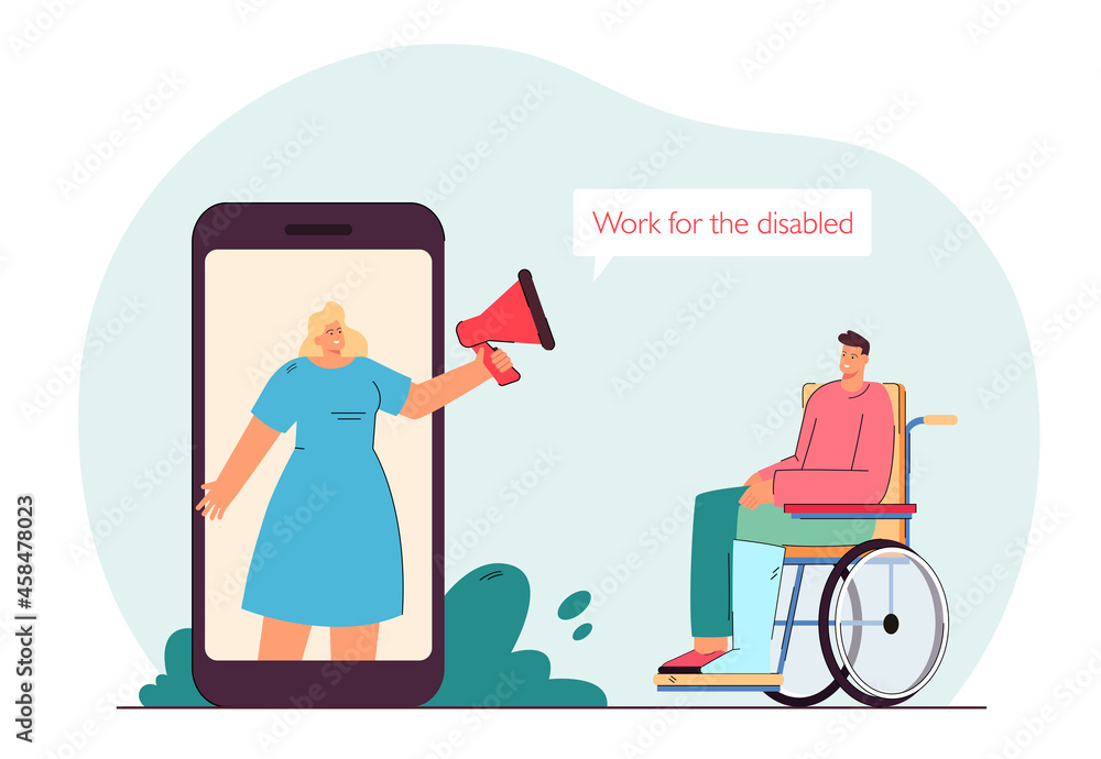 Employer on huge phone screen hiring disabled man on wheelchair. Invalid searching for job flat vector illustration. Disability, accessibility concept for banner, website design or landing web page