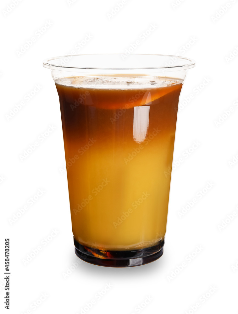 Plastic cup of tasty coffee with orange juice on white background Plastic cup of tasty coffee with orange juice on white background