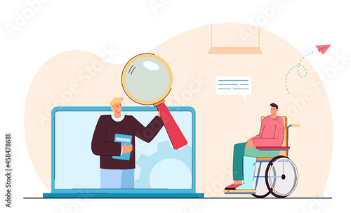 Disabled man next to huge laptop with professor on screen. Invalid on wheelchair flat vector illustration. Disability, accessibility, online education concept for website design or landing web page