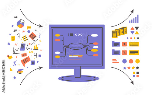 Data analysis, database visualization. Monitor of big computer showing process of sorting information. Input output data, digital mind map. Infographic, charts, graphic analyzing vector illustration