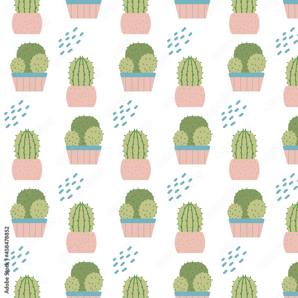 Hand-drawn seamless pattern with cactuses in pots. Pattern with house plants. The pattern is suitable for textiles, prints and wrapping paper. Hand-drawn seamless pattern with cactuses in pots. Pattern with house plants. The pattern is suitable for textiles, prints and wrapping paper.